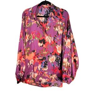 Abstract Floral Print balloon Sleeve Collared Top Womens Sz 2XL boho maximalist